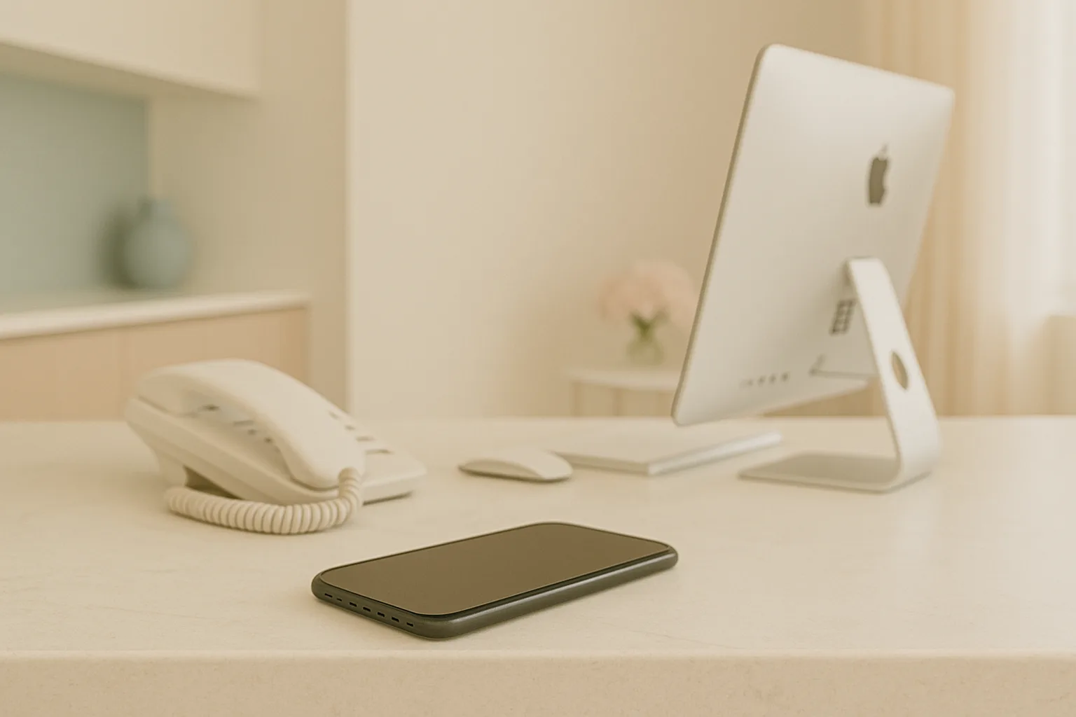 Reception desk at Dr. Schirmer Clinic with a phone and computer